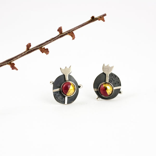 Gold and red oxidized silver earrings with flowers - Aiste Jewelry