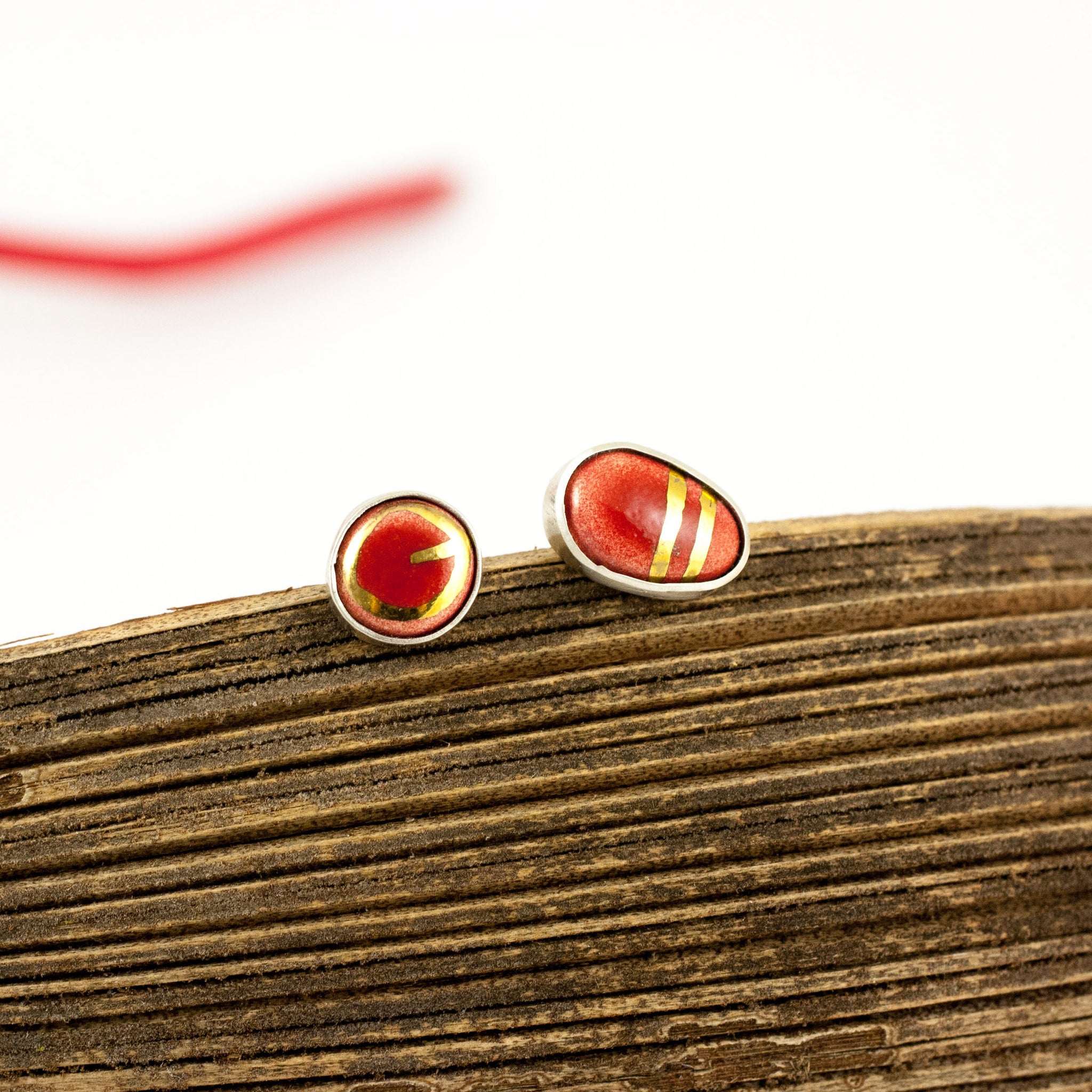 Red silver earrings with gold lines - Aiste Jewelry