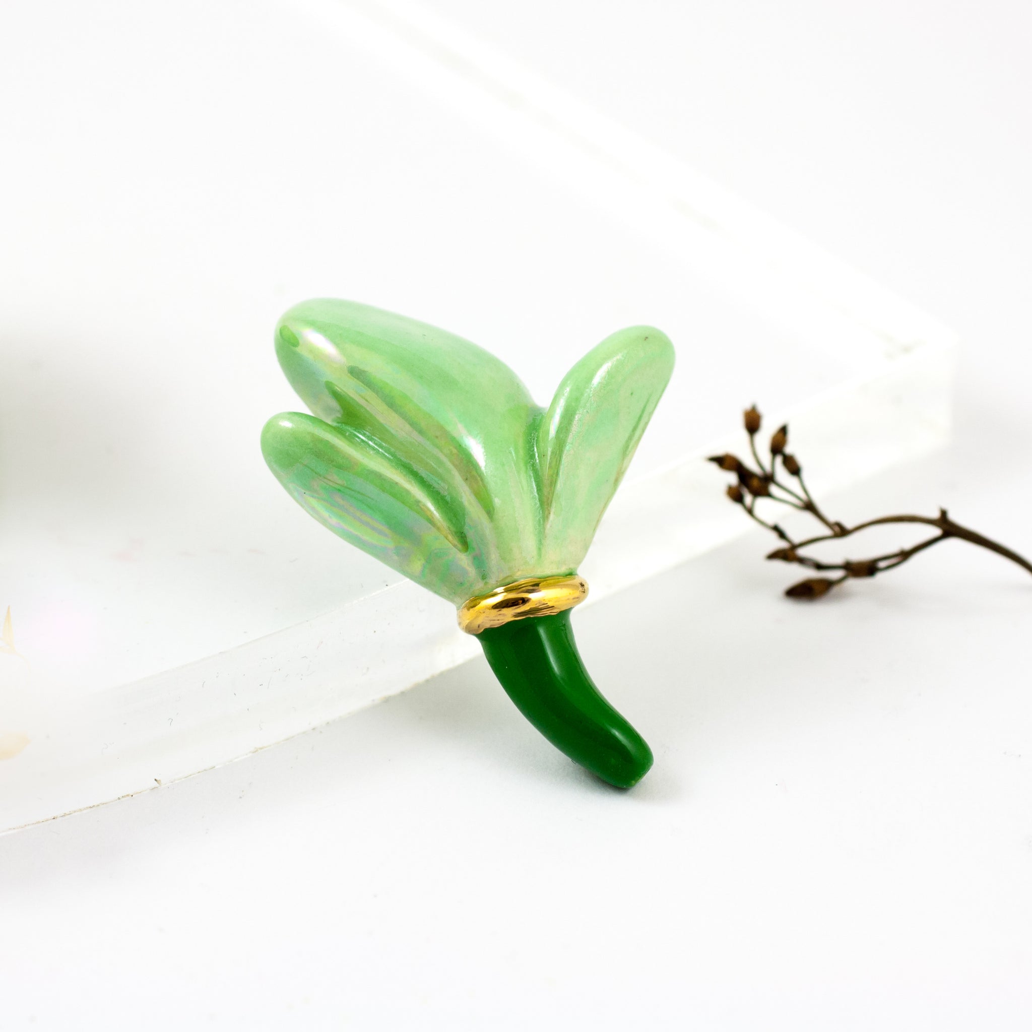 Bright green organic shape brooch with a golden luster line - Aiste Jewelry