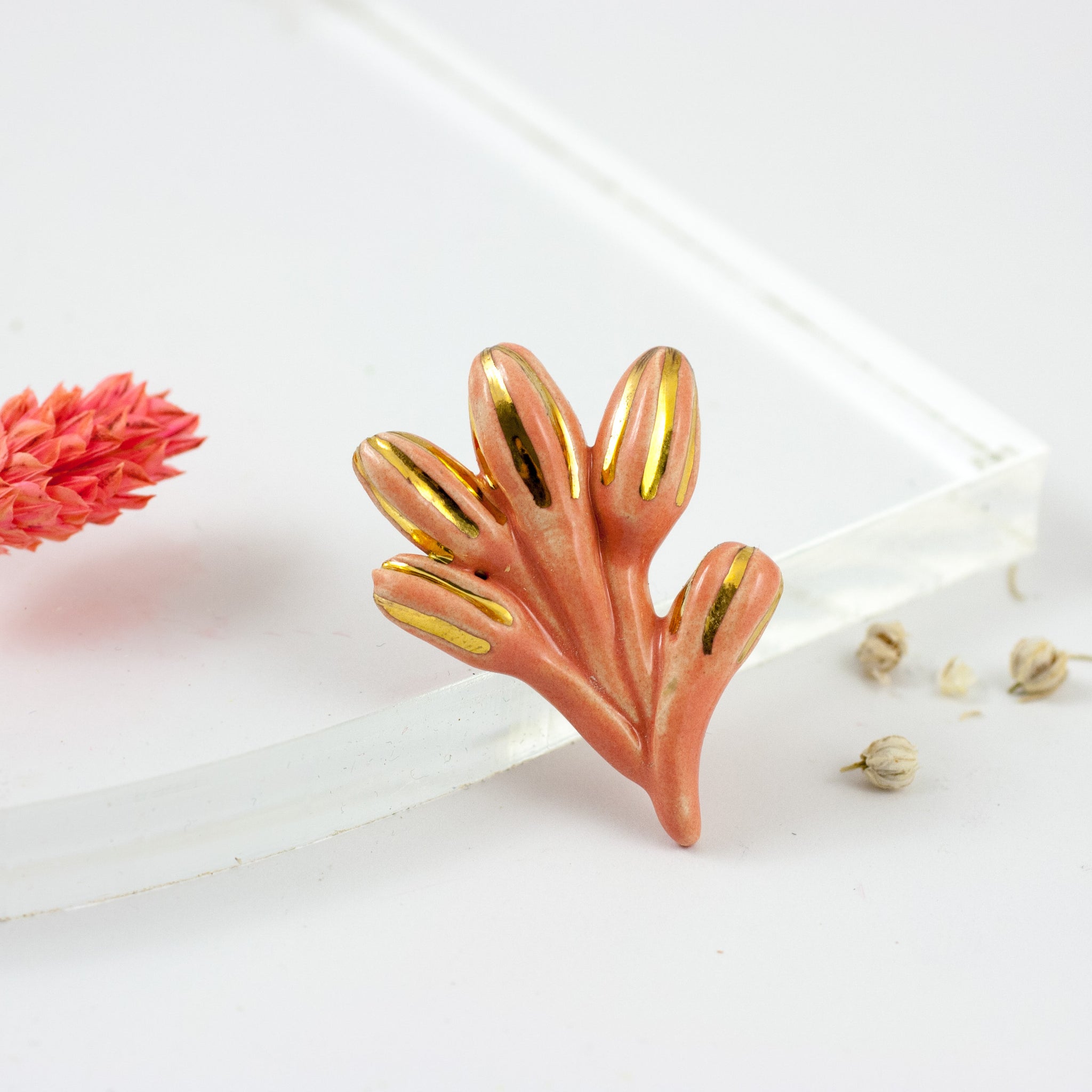 Bright red flower buds shape brooch with golden luster lines - Aiste Jewelry