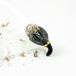 Black and gold color flower bud brooch with dots - Aiste Jewelry