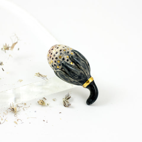 Black and gold color flower bud brooch with dots - Aiste Jewelry