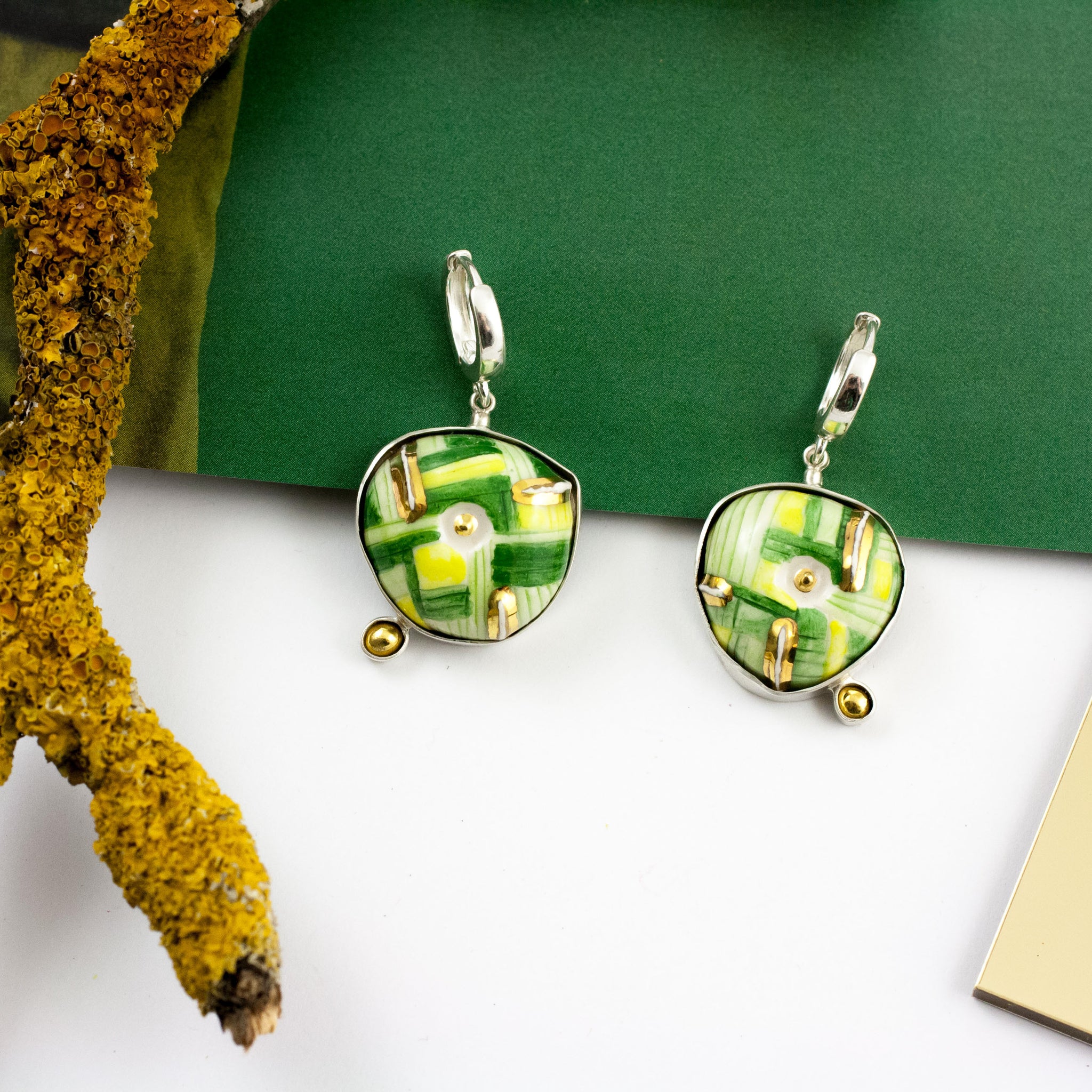 Green dangle silver ceramic earrings - Aiste Jewelry