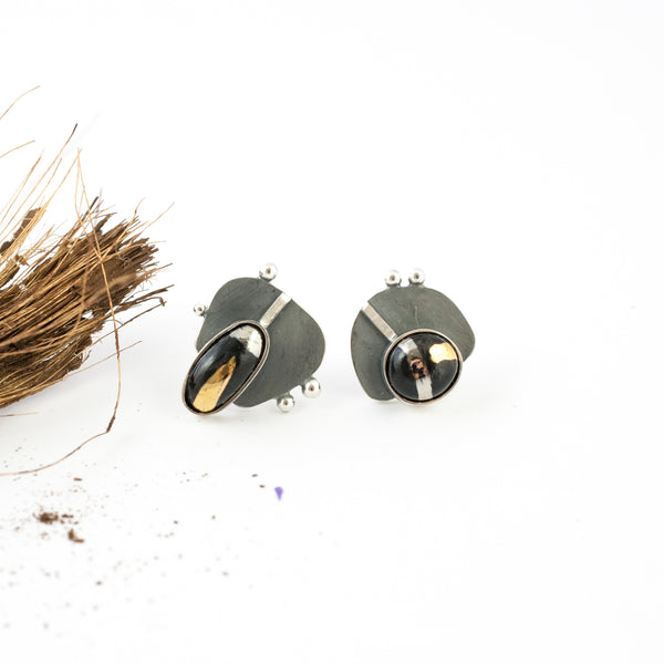 Dark gold plated ceramic earrings with blackened silver - Aiste Jewelry