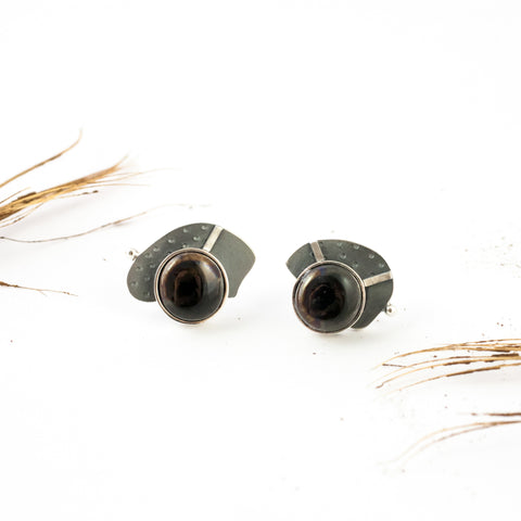Dark round ceramic earrings with blackened silver - Aiste Jewelry