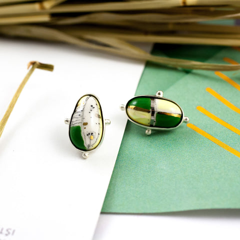 Green and white earrings with gold lines and dots - Aiste Jewelry