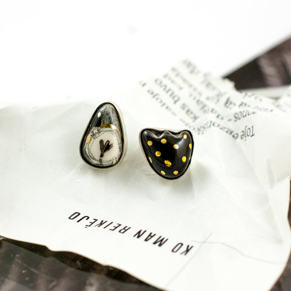 Black and white silver earrings with gold-plated ceramics - Aiste Jewelry