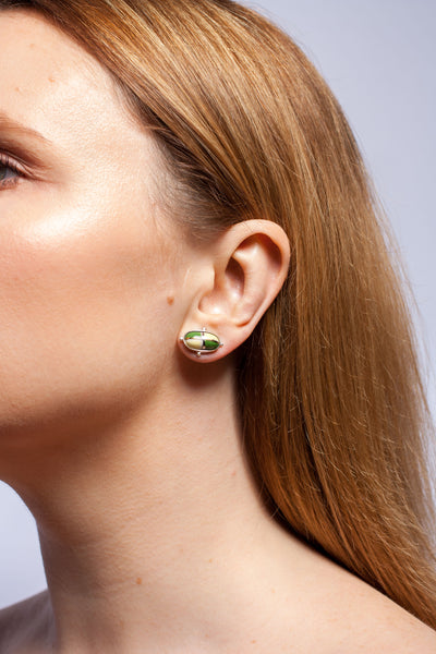 Green and white earrings with gold lines and dots - Aiste Jewelry