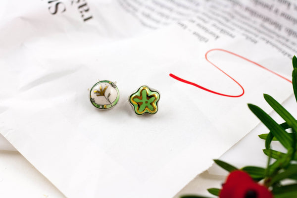3X3 collection green silver stud earrings with ceramics - Aiste Jewelry