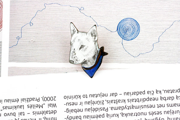 Enamel pin Bullterrier with a blue scarf - Aiste Jewelry