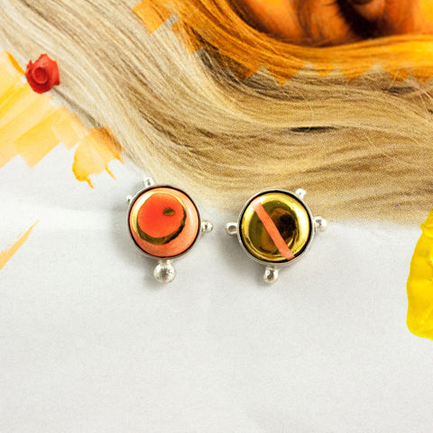 Orange silver stud earrings with gold-plated ceramics - Aiste Jewelry